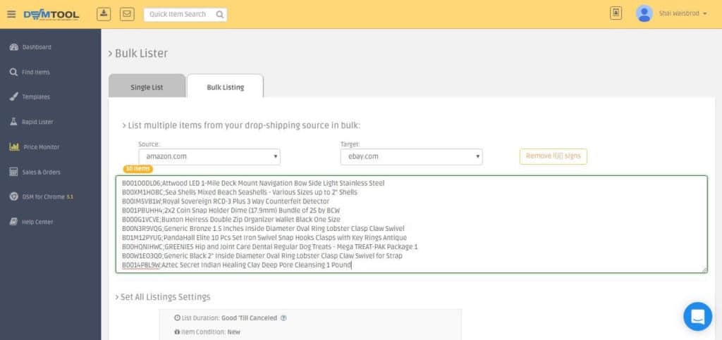 Listing items on ebay in Bulk with a title on DSM