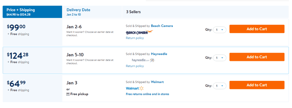 Different sellers on Walmart