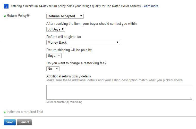 Creating return policies on eBay