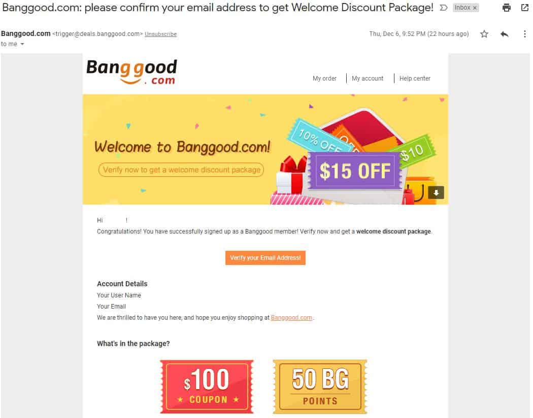 way to get a Banggood welcome discount package
