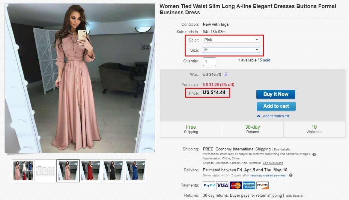 example of eBay listing with multiple variations 