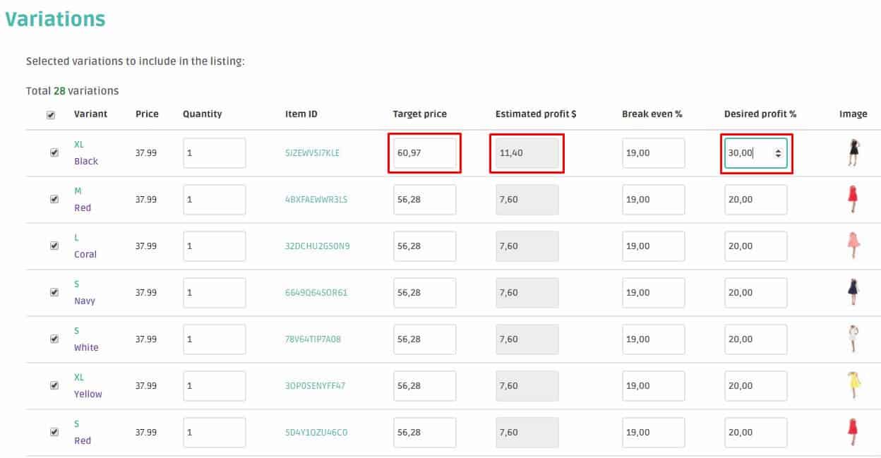 Setting profit margins for listing with variations on DSM Tool