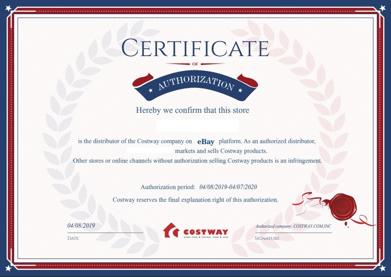 Costway certificate authorization