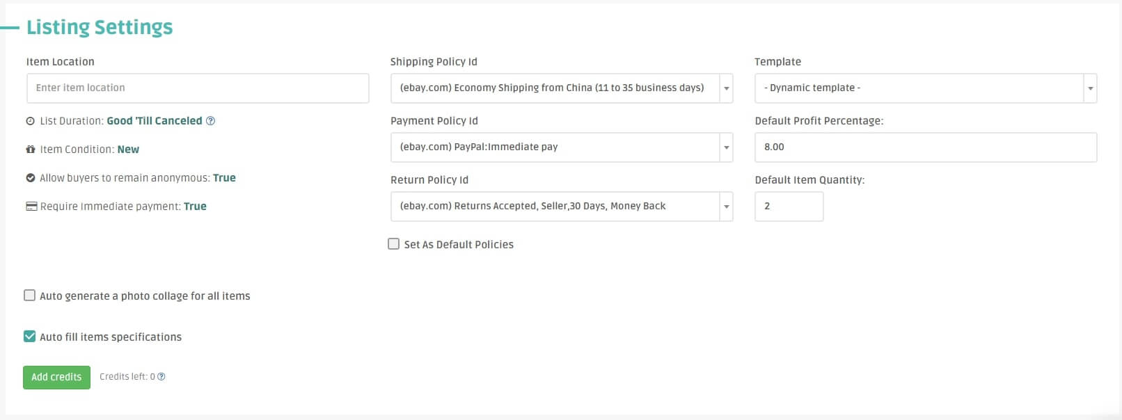 Listing settings when creating ebay bulk listing with DSM Tool