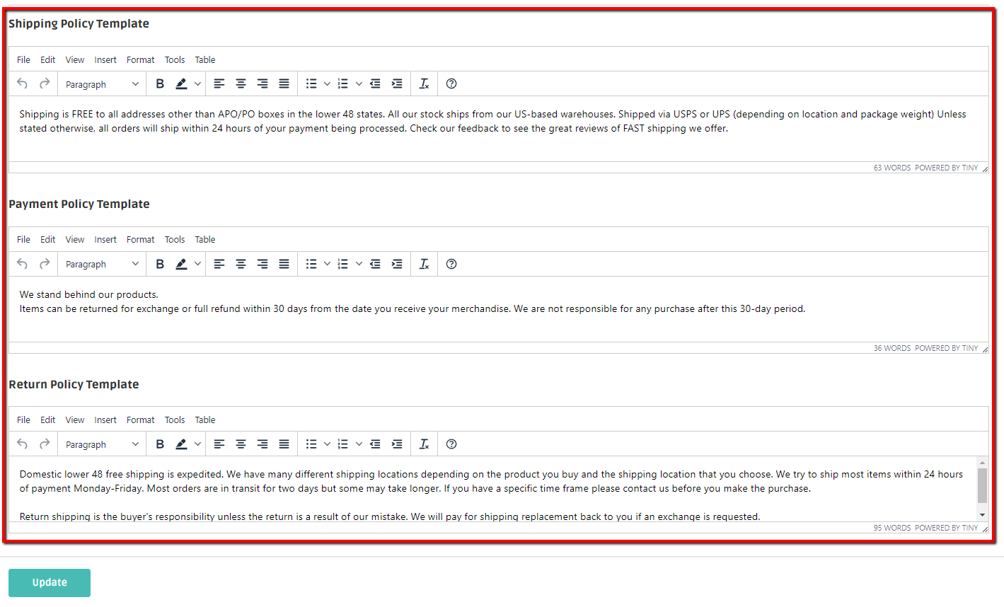 Business policies template in DSM Tool