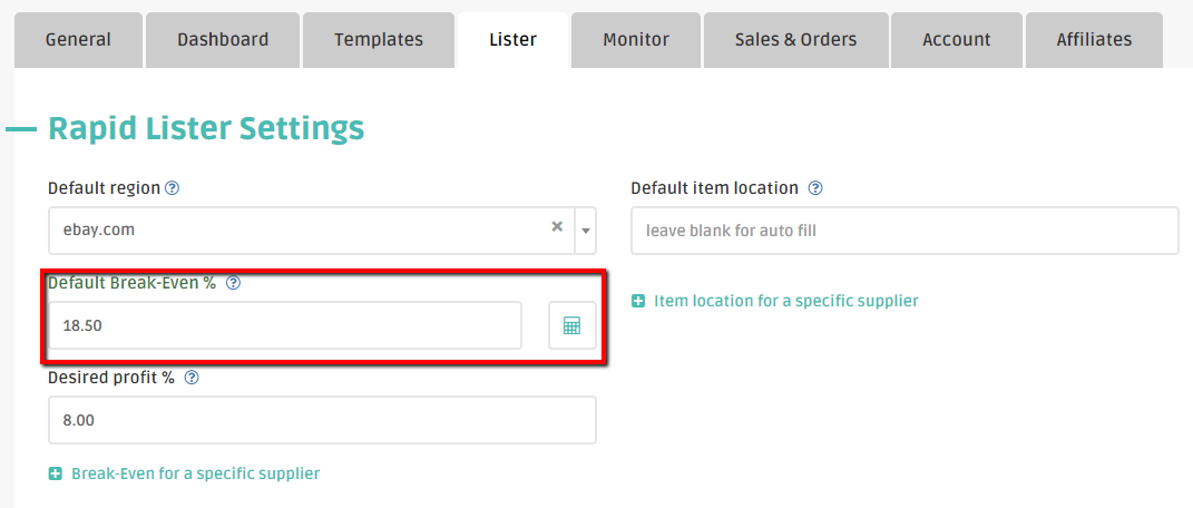 Break-even settings in dropshipping software