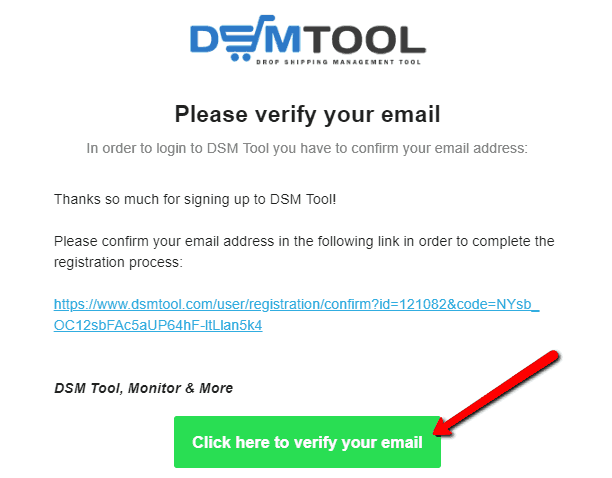 Confirm your email message to create an account in DSM Tool
