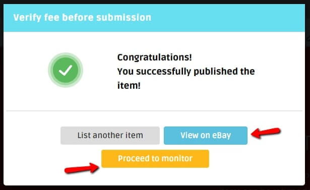 A message that shows that listing on eBay or Shopify was completed
