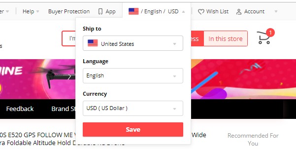 screenshot Aliexpress of Language and currency