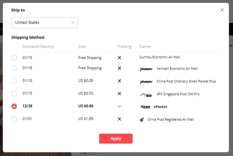 shipping methods from an Aliexpress seller