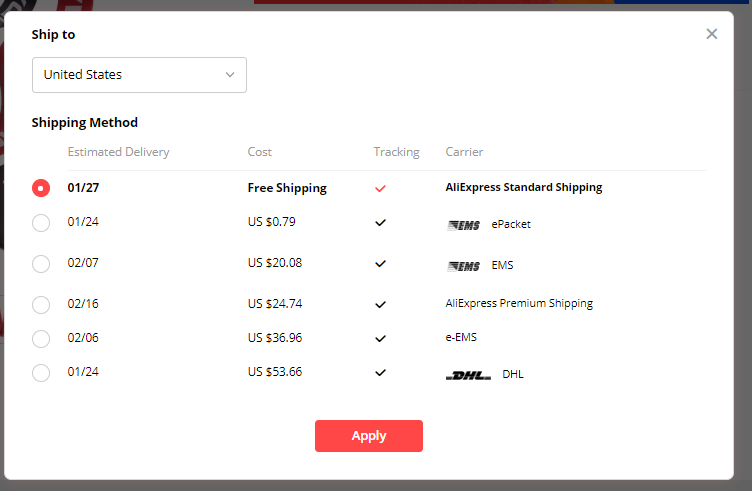 AliExpress shipping options 
