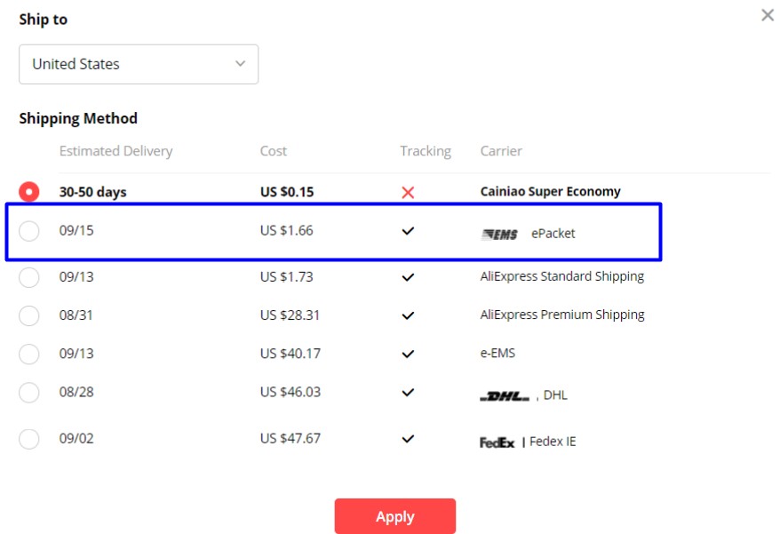 ePacket shipping methods