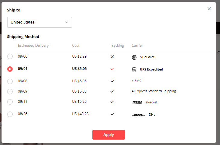 AliExpress products have multiple shipping methods