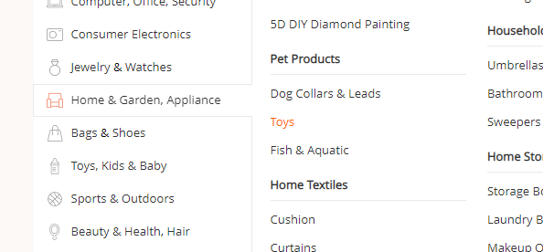 AliExpress product categories