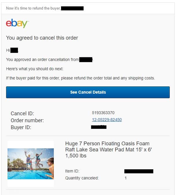 eBay order cancellation email notification