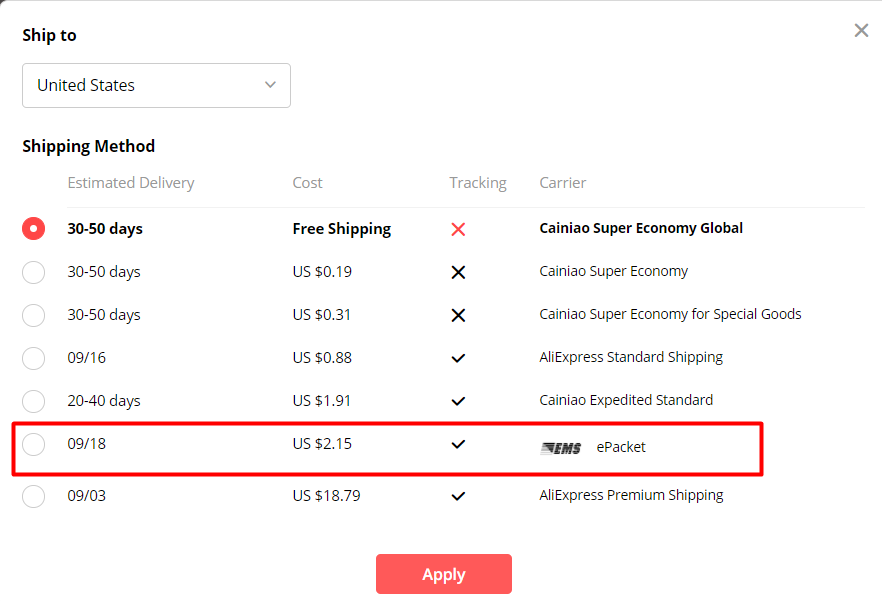 ePacket on Aliexpress and other shipping methods 