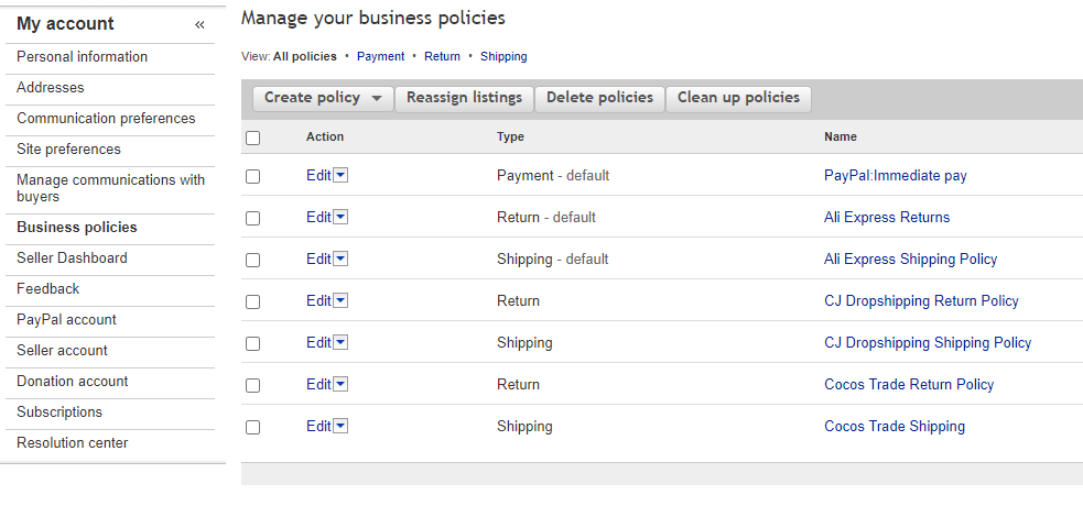 setting eBay business policies