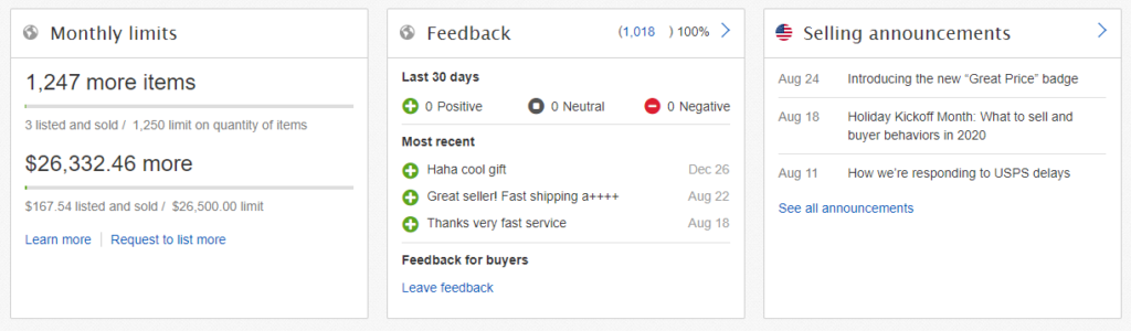 Monthly limits, Feedbacks. Selling announcements in the Overview section of eBay Hub