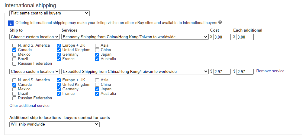 setting international shipping policy on eBay