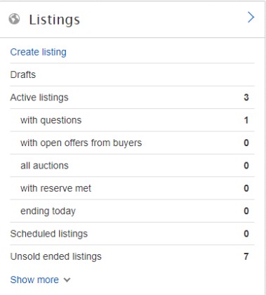 Listings on eBay Seller Hub