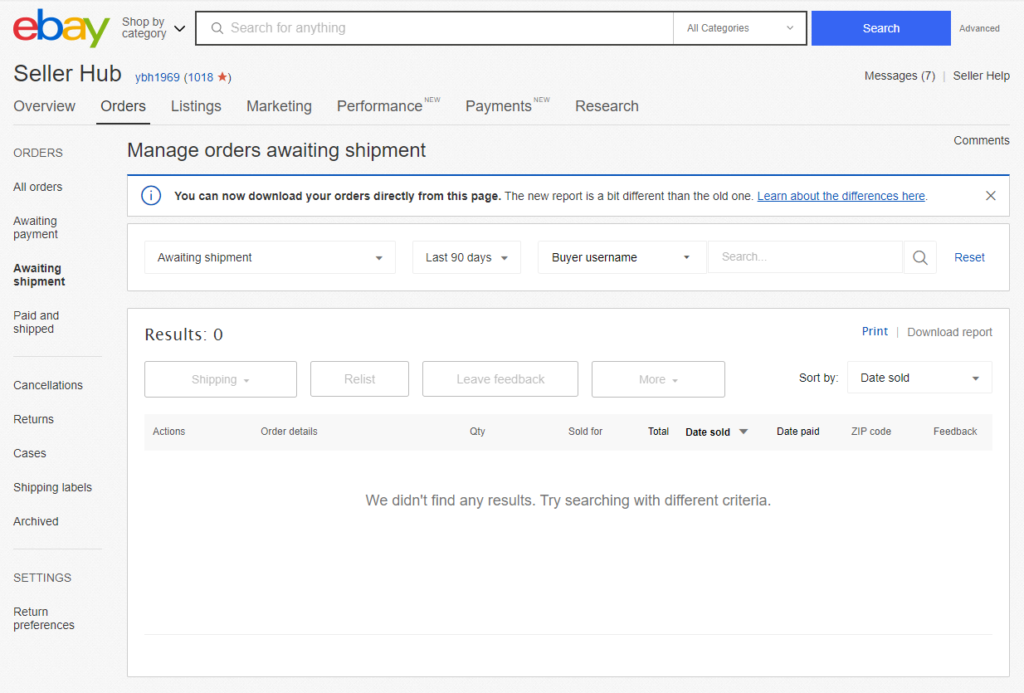 Orders tab in the eBay Sellers Hub