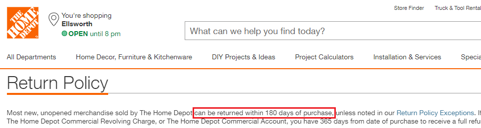 Home Depot offers 180 days return policy