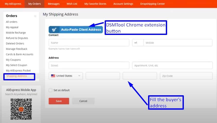 Aliexpress shipping address section for adding the buyer's address when placing the order on Aliexpress 