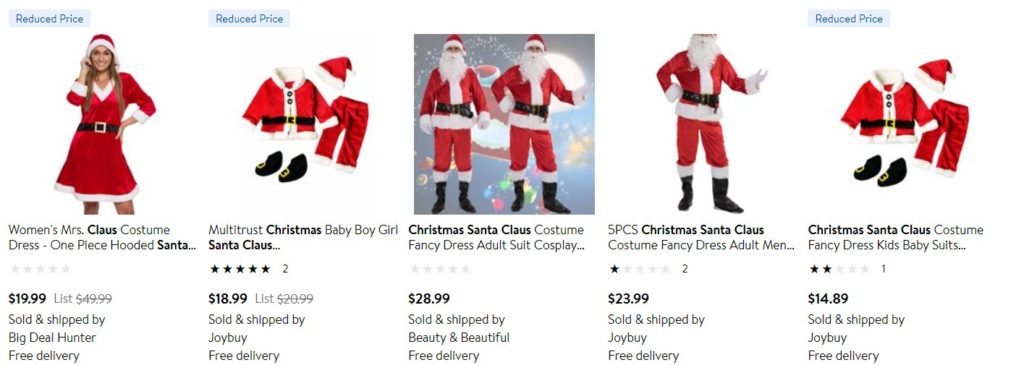 Walmart Santa Claus outfit products example 