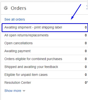 Orders section on eBay to start eBay order processing