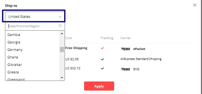 Aliexpress shipping companies and countries 