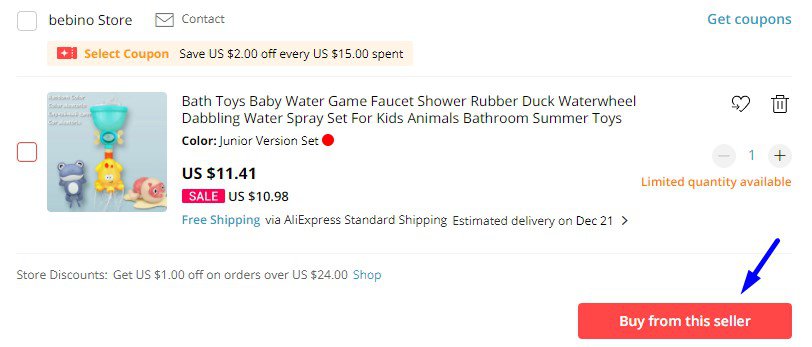 The product on the Aliexpress cart view.