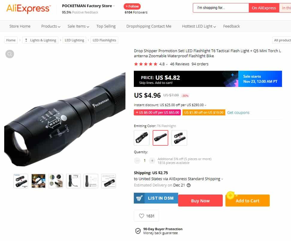 price of the product on Aliexpress 