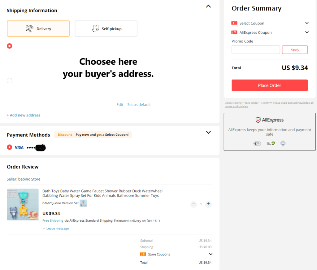Final stage of placing the dropshipping order on Aliexpress.