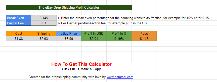 The free eBay dropshipping profit calculator 