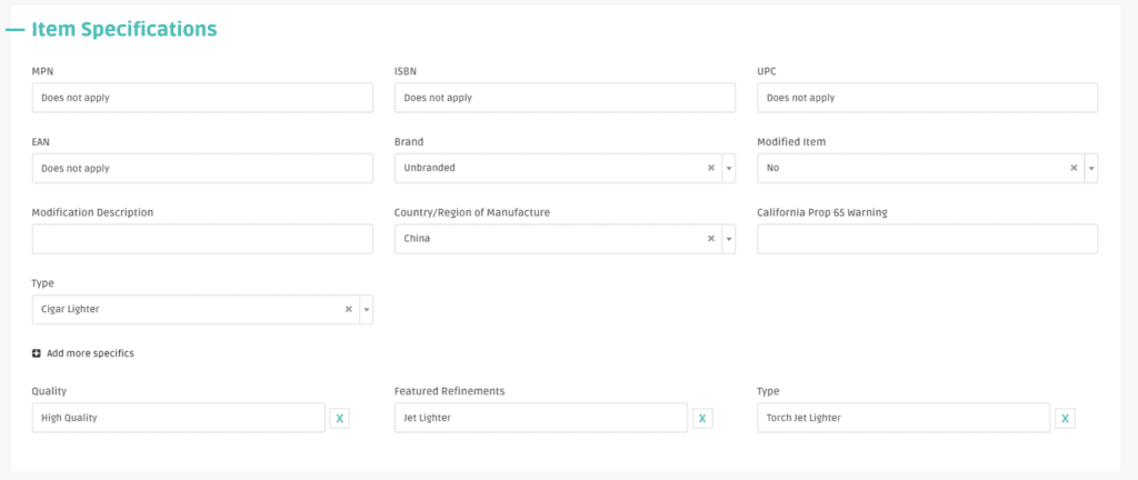 The item specifics fields in DSM Tool in the prepublishing stage of listing. 