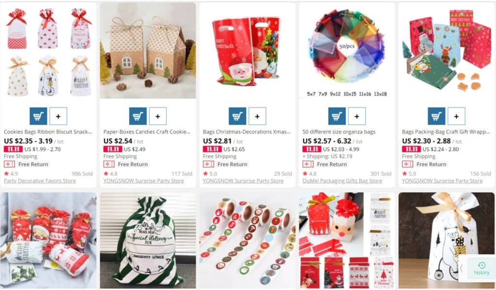 AliExpress bags as example of dropshipping Christmas products.