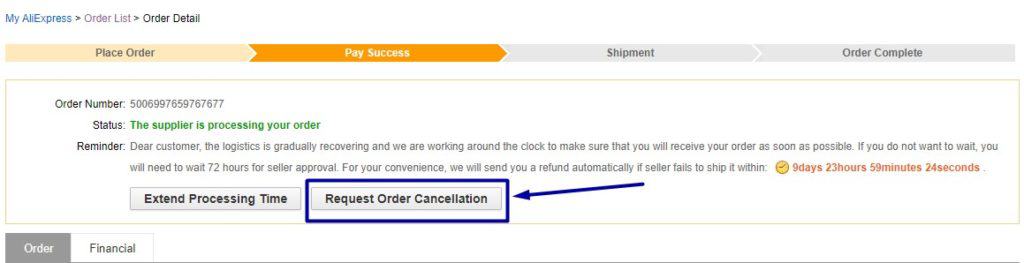 Request Order Cancellation button on Aliexpress 