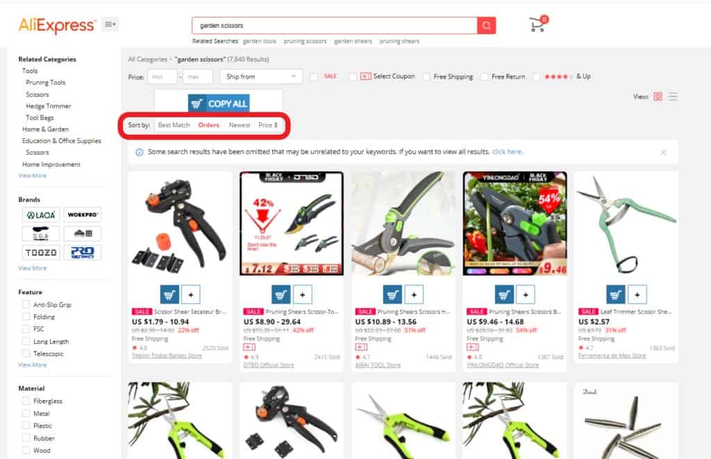 A way to sort the Aliexpress products by the number of orders. 