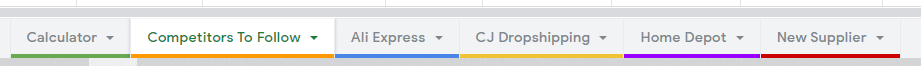 The tabs with suppliers for sourcing profitable dropshipping items in the profit calculator file. 