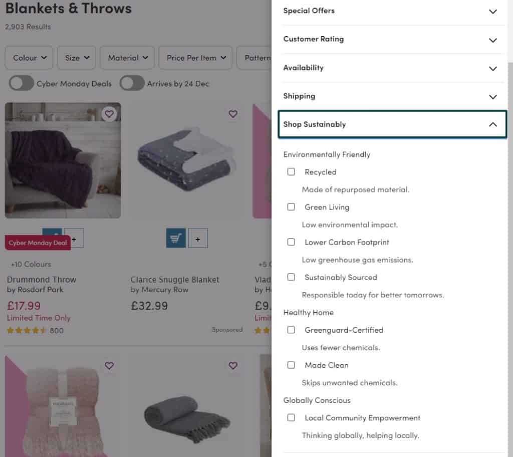 The Shop Sustainably filter for Wayfair products search