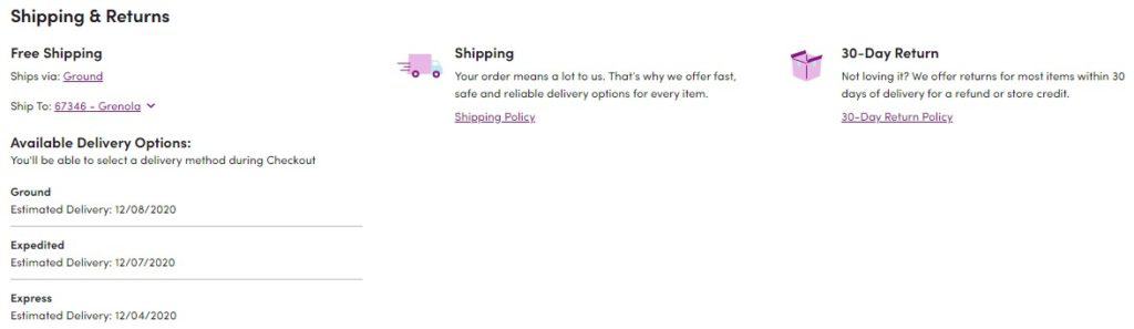 The Wayfair shipping option field on the product page