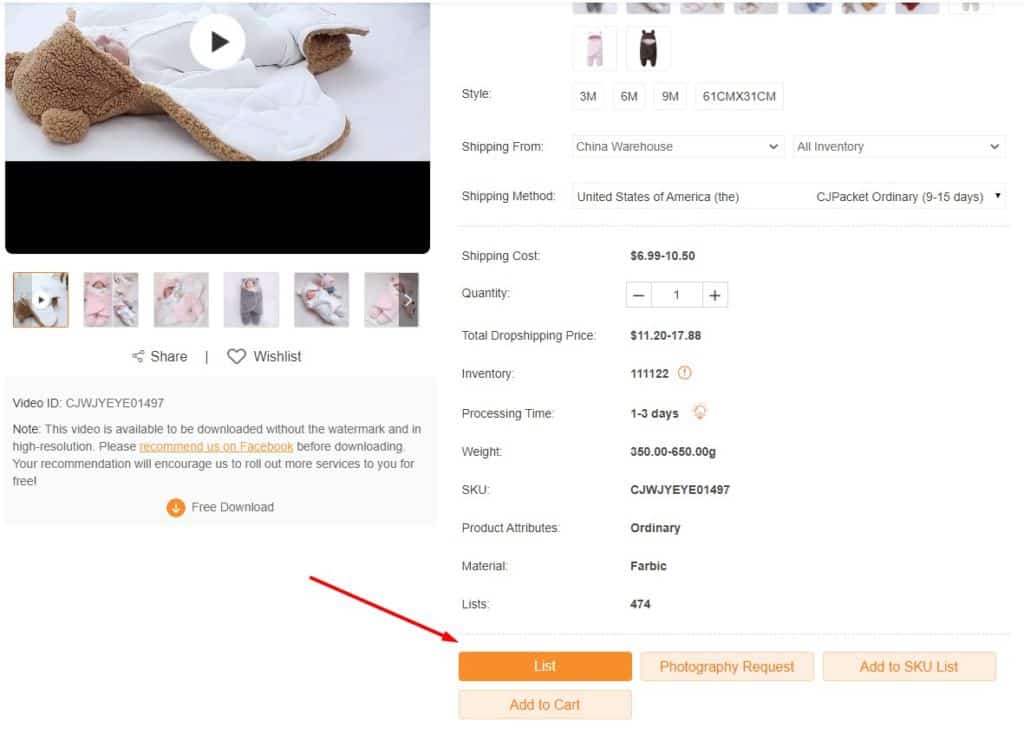 LIst button to dropship from CJ Dropshipping directly. 