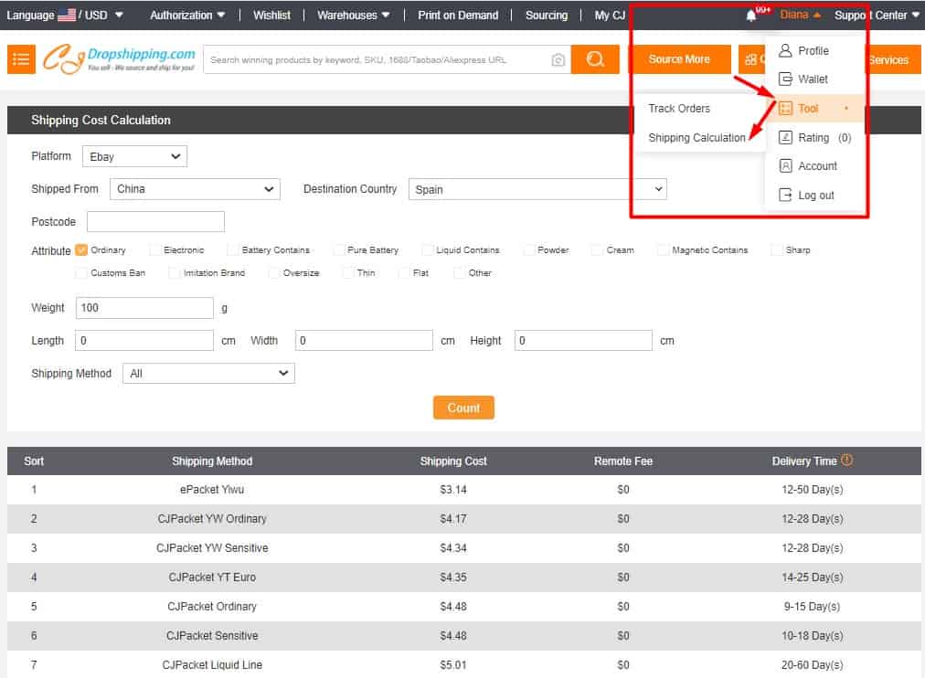 CJ shipping calculator  for dropshipping from CJ Dropshipping