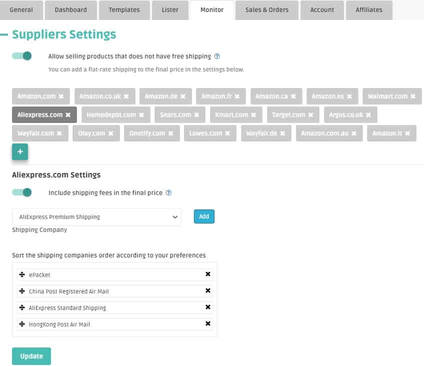 An example of the settings for preffered Aliexpress shipping options 