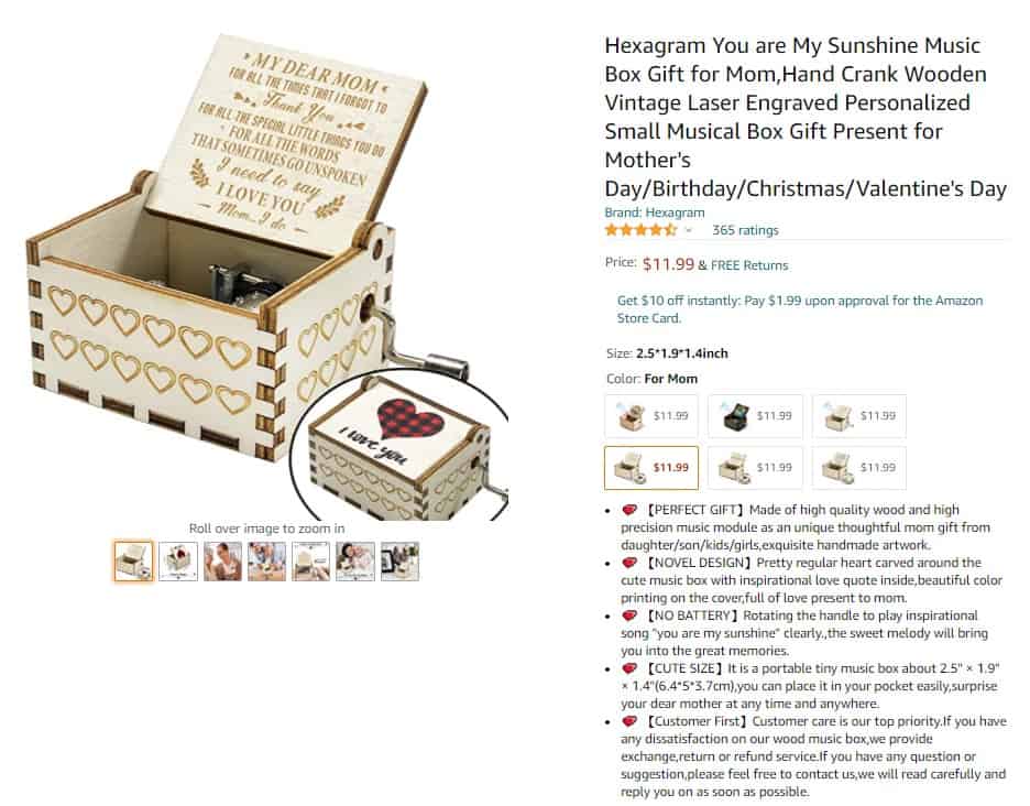 Music box as an idea of what to sell on Mother's Day