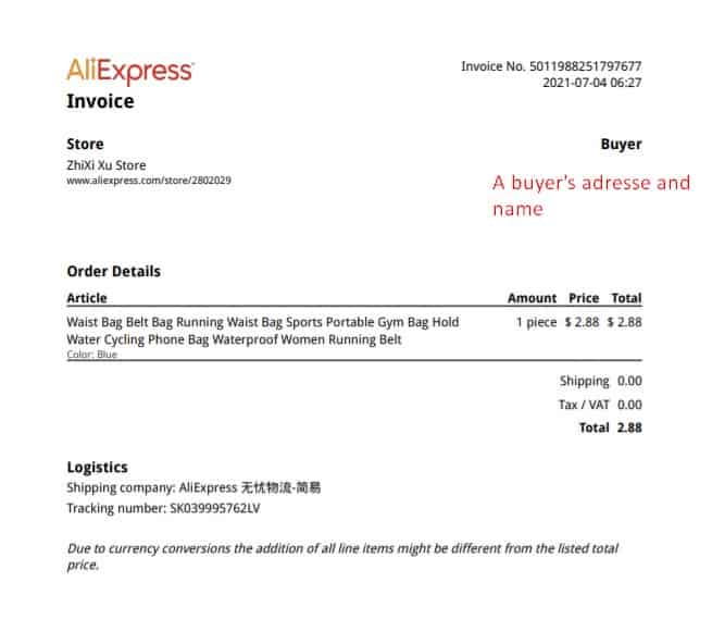 An example of the invoice made with Aliexpress Free Invoice