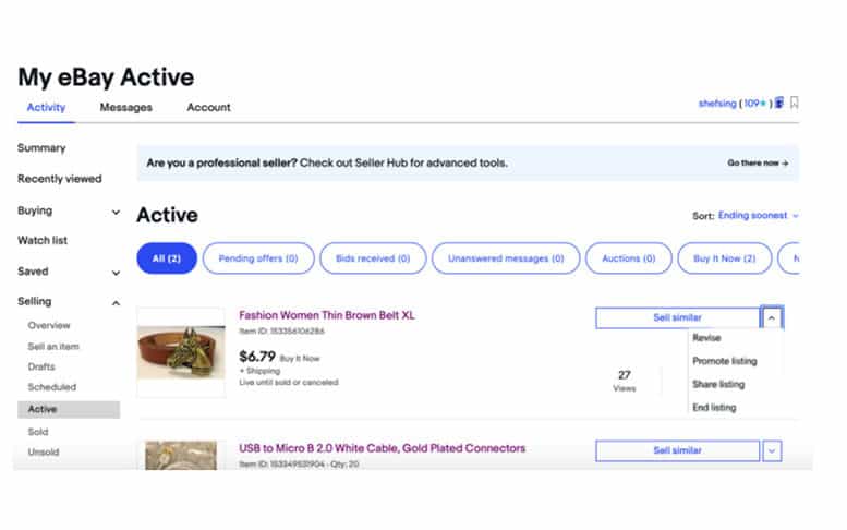 Promote listing button in the My eBay Active section