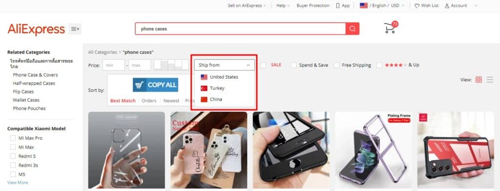 Aliexpress ship from filter on the search page 