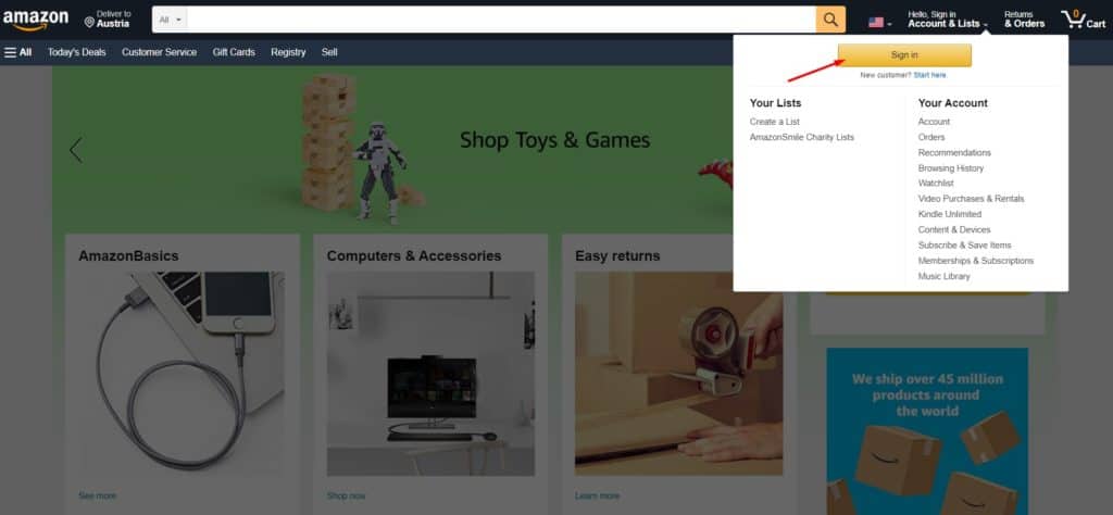 Sign-In button on Amazon site 