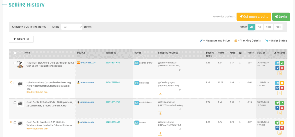 The dropshipping software orders page